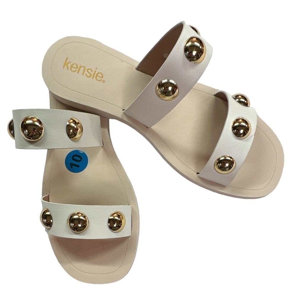 Kensie Lucinda Creamy White Two Faux Straps Gold Dome Spheres Flats Size 10